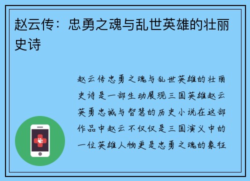 赵云传：忠勇之魂与乱世英雄的壮丽史诗